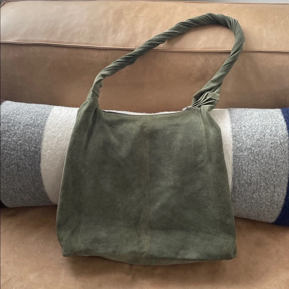 Topshop Suede Slouch Shoulder Bag Green Top Zip - Picture 6 of 8